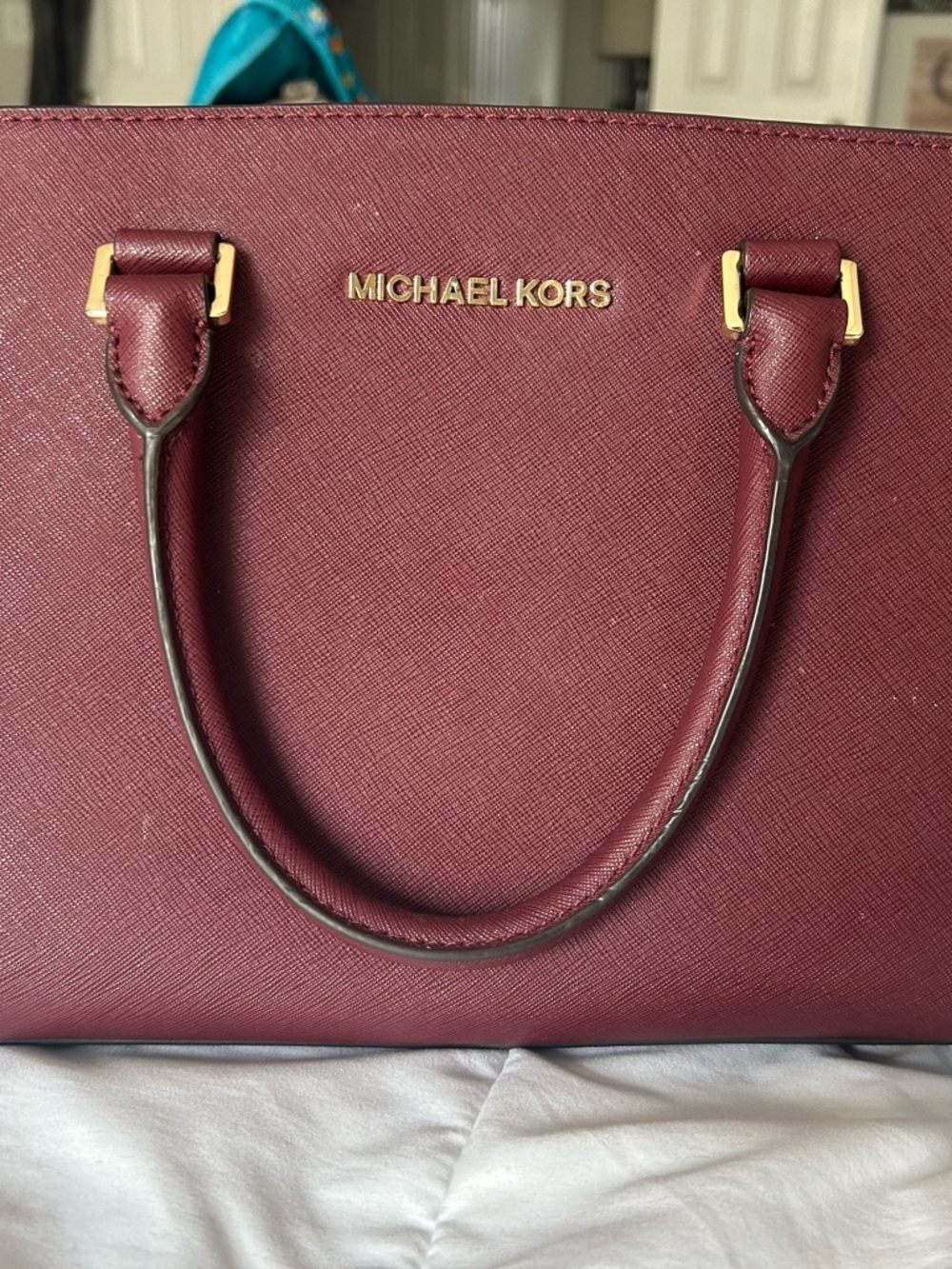 Michael Kors Wine Saffiano Leather Satchel with Gold Hardware